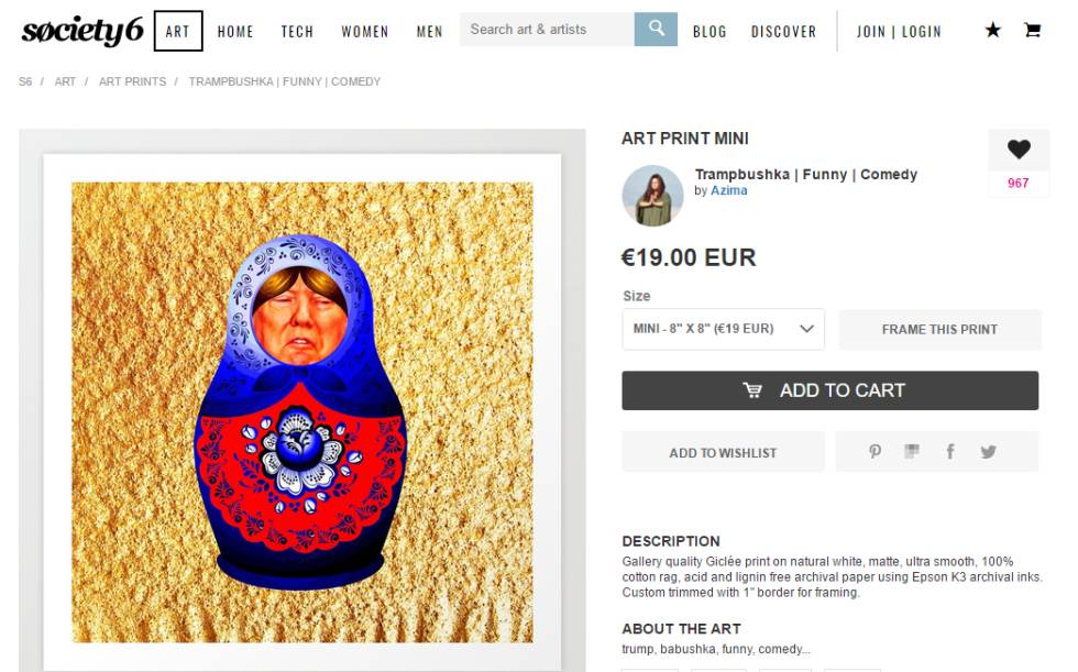 Una lámina con una ilustración de Donald Trump, a la venta en la society6.com.