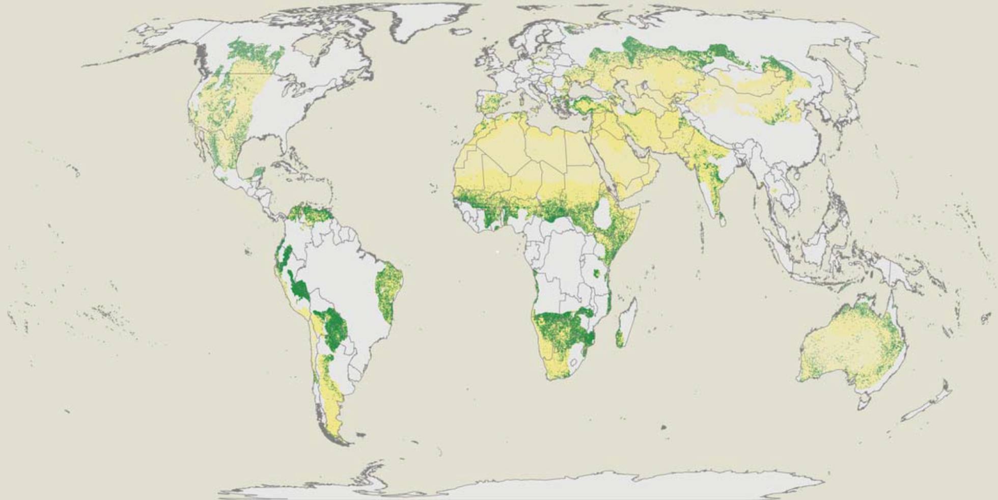 El mapa muestra las regiones áridas del planeta y, en función de su verdor, la presencia de arbolado.