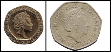 Monedas de 20 peniques (izquierda) y 50 peniques (derecha) de Reino Unido.