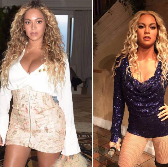 Beyoncé y, a la derecha, su figura de cera del Madame Tussauds de Nueva York.