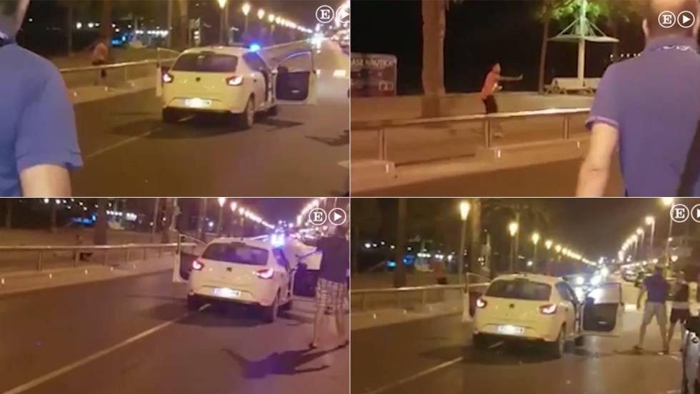 Screen grabs of a video in which a local police officer (in blue polo shirt) on vacation leave helped bring down the fifth jihadist in Cambrils.
