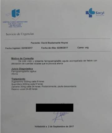 El informe médico de Bustamante publicado por el Ayuntamiento de Laguna de Duero en Facebook.
