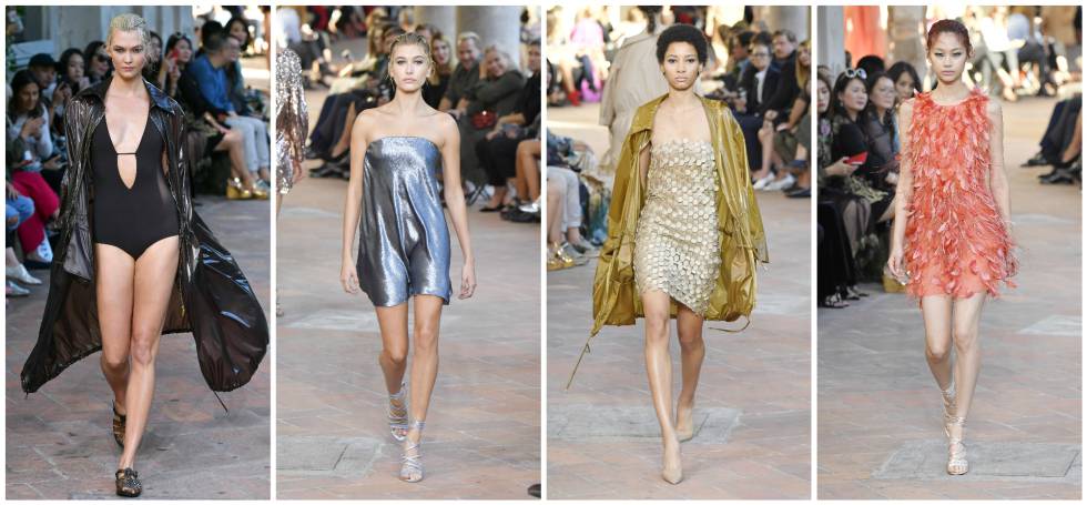 Cuatro de las propuestas en la pasarela de Alberta Ferretti, este miércoles en Milán.