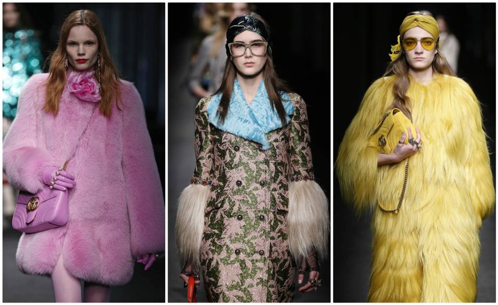 Tres de los abrigos con pieles presentados por Alessandro Michele para su colección otoñoinvierno 20162017.