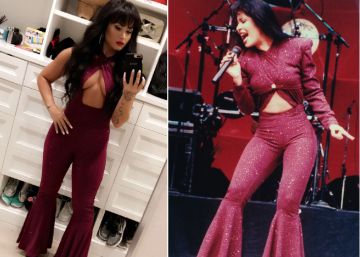 A la izquierda Demi Lovato disfrazada de Selena Quintanilla, a la derecha la cantante en su último concierto.