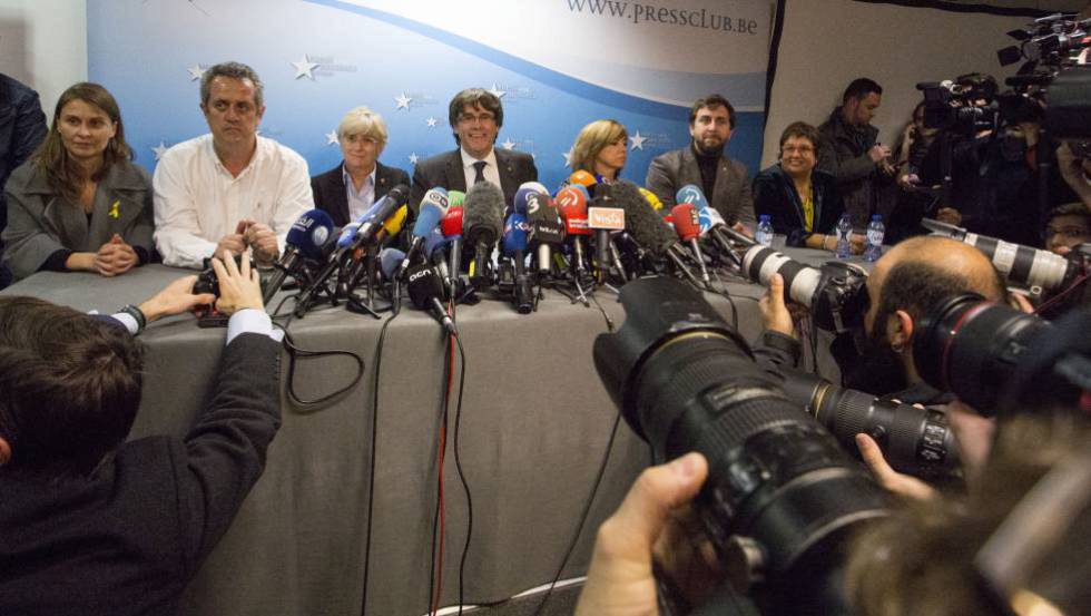 Former Catalan premier Carles Puigdemont and ex-members of the Catalan cabinet in Brussels on Tuesday.