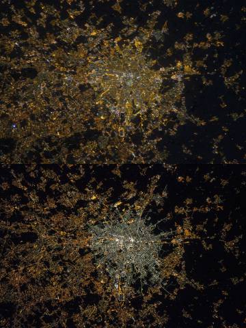 Arriba, la imagen de Milán de noche en 2012. Abajo, el centro de la ciudad se había 'blanqueado' en 2015. Ambas son fotografías reales tomadas desde la ISS.