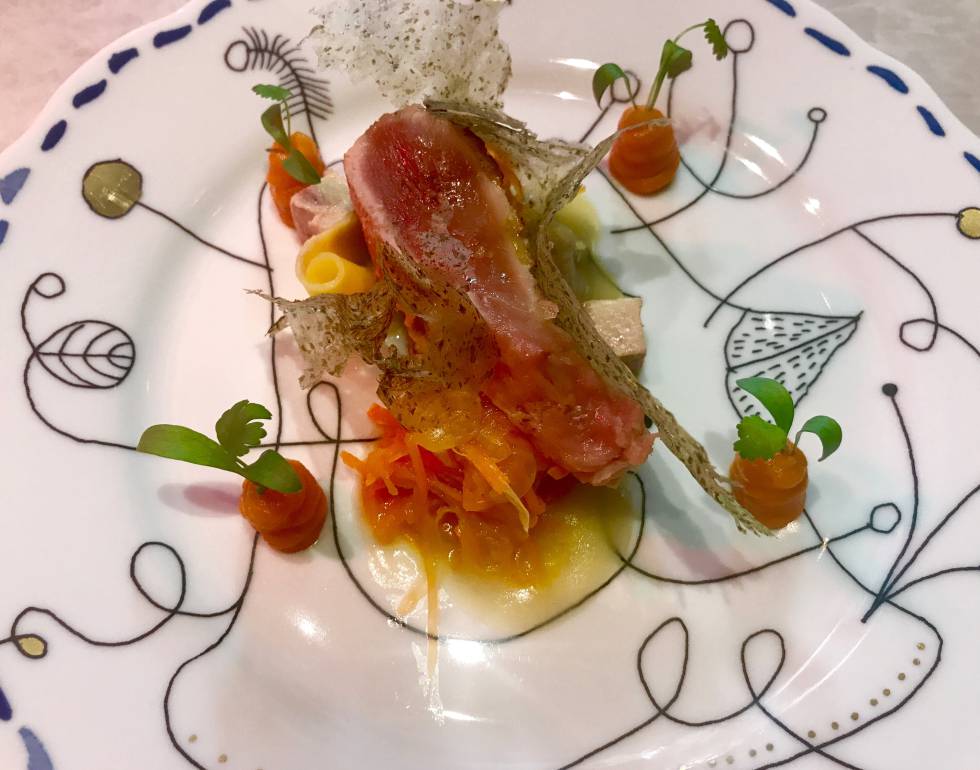 FAISANA ESCABECHADA EN BARRICA DE OLOROSO CON MANGO FERMENTADO. RESTAURANTE COQUE MARIO SANDOVAL