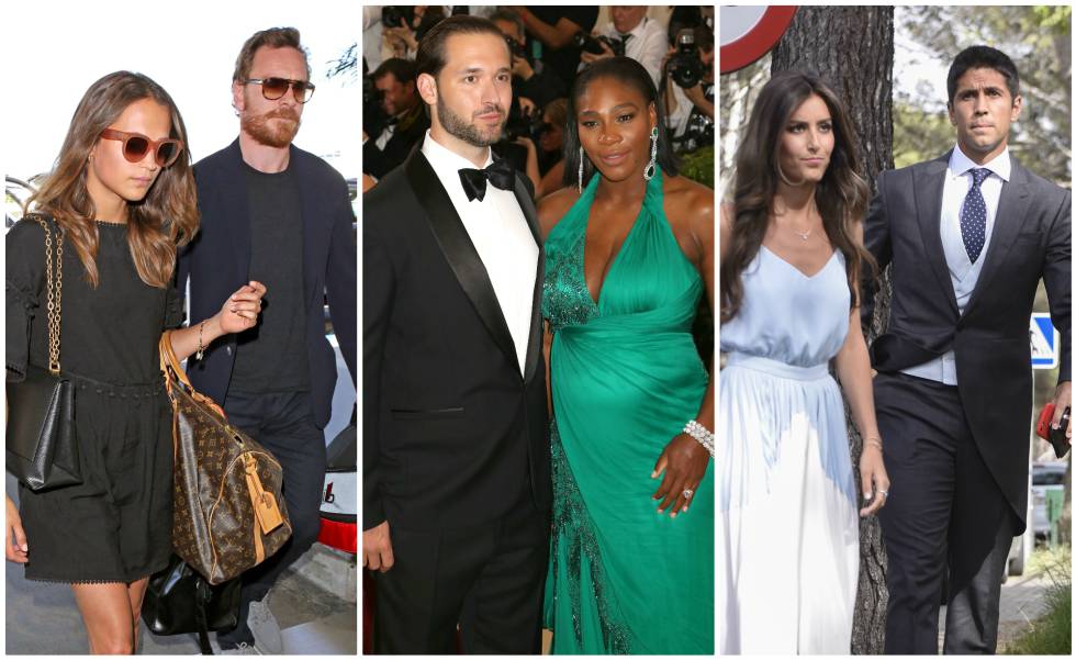 De izquierda a derecha: Michael Fassbender y Alicia Vikander, Serena Williams y Alexis Ohanian, y Ana Boyer y Fernando Verdasco.