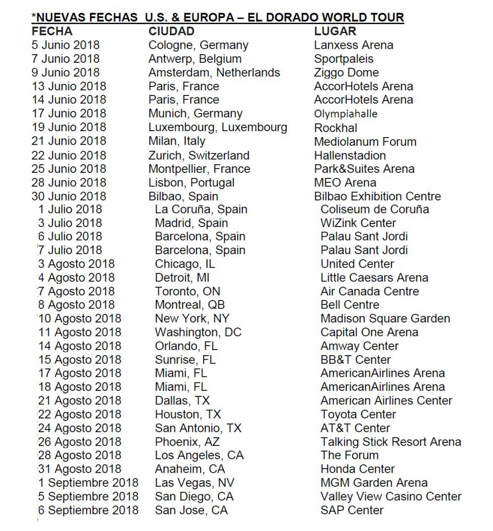 Las nuevas fechas de la gira de Shakira 'El Dorado'.