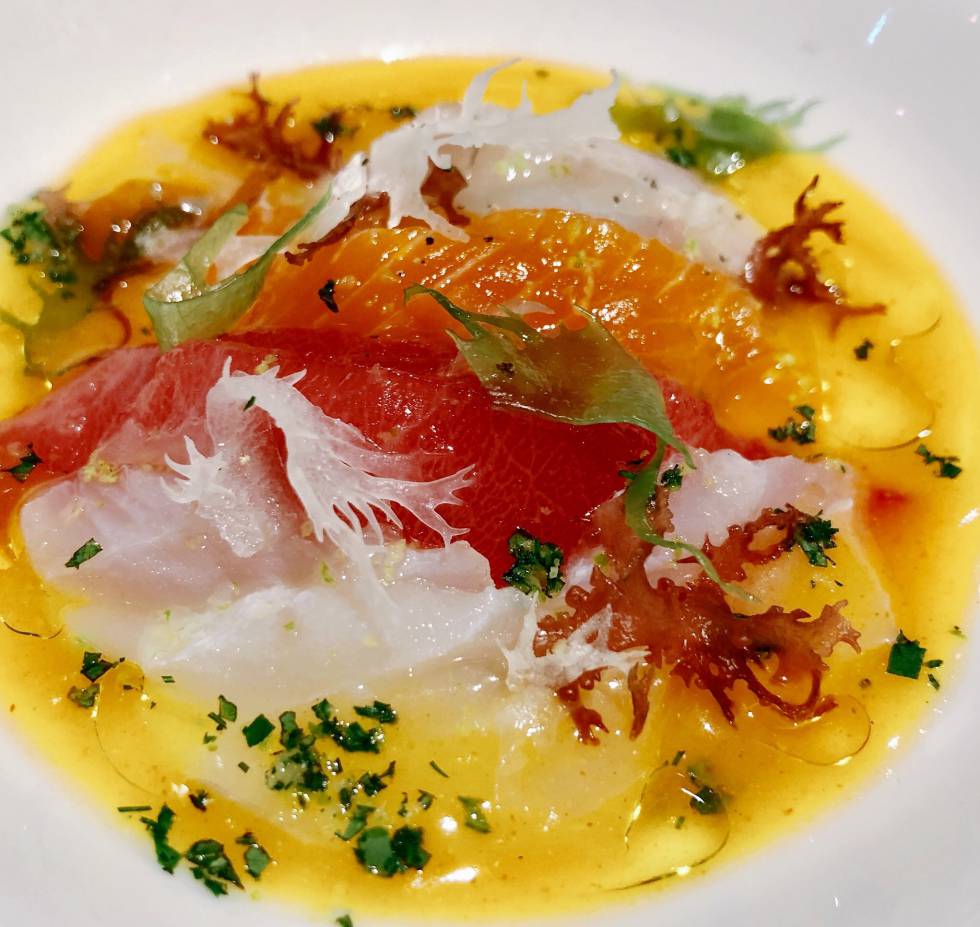 FILETES DE LUBINA, SALMÓN, ATÚN, CORVINA SALVAJE, Y BACALAO AHUMADO CON MAHONESA DE CHOCOLATE BLANCO Y VINAGRETA DE PIMENTÓN DE LA VERA CAPEL