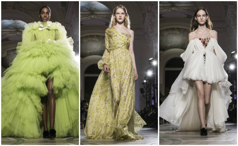 Tres de los diseños de la colección primaveraverano 2018 de Giambattista Valli.