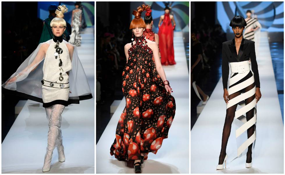 Tres de las propuestas de Jean Paul Gaultier presentadas este miércoles en París.