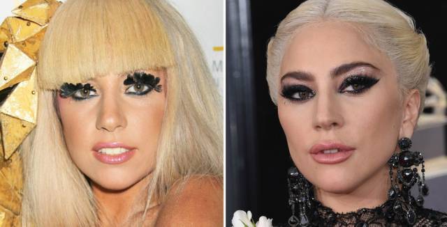 Lady Gaga en 2008 y, a la derecha, la cantante en los Grammy del pasado domingo.