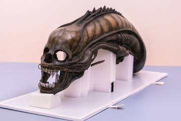 De cima para baixo, cópias originais de filmes ganhadores do Oscar; a cadeira feita sob medida que Shirley Temple usava no período das filmagens; e a máscara original de Alien.