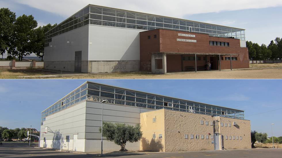 Los polideportivos de Talavera La Nueva (arriba) y Yuncos.