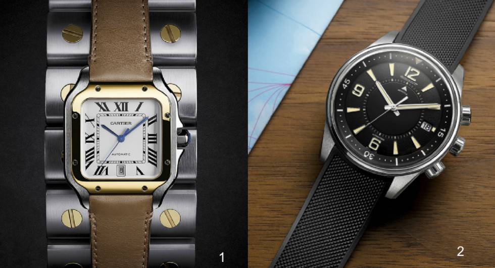 1. Los ocho tornillos del bisel permiten reconocer un Santos de Cartier a primera vista. 2. El nuevo Polaris Memovox de Jaeger-LeCoultre tiene tres coronas, correspondientes al despertador, la que controla el bisel giratorio y la que ajusta la hora.