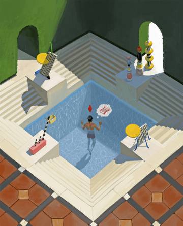 Del cruce entre el videojuego ‘Los Sims’ y algunos hitos del diseño y la arquitectura surgen estas ilustraciones. En la página anterior, la ‘chaise longue’ de Charlotte Perriand y Le Corbusier (1928). Aquí, el grupo Memphis de los años ochenta