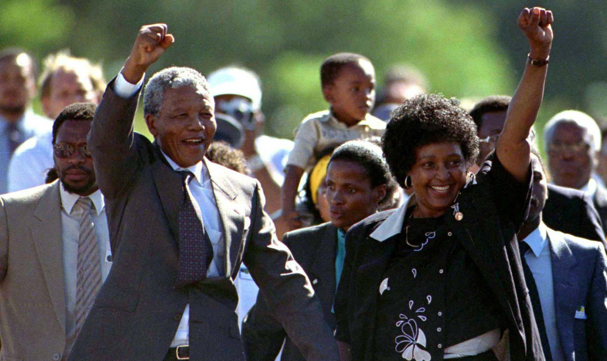 FILE PHOTO 11FEB90 - South Africa turned the page on its violent political past June 2 as it voted peacefully in a watershed election expected to send Nelson Mandela into retirement with a landslide for his ruling party. Mandela is accompanied by his former wife Winnie, moments after his release from prison February 11, 1990 after serving 27 years in jail.rn rn KM