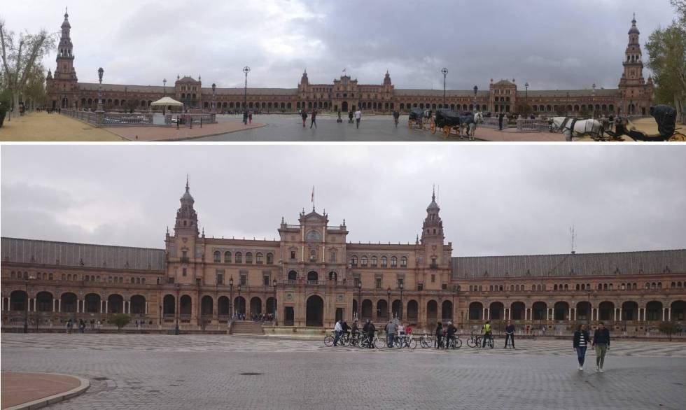 Abajo, imagen de la Plaza de España de Sevilla tomada por un turista y, arriba, panorámica tomada por un fotógrafo con el mismo móvil.