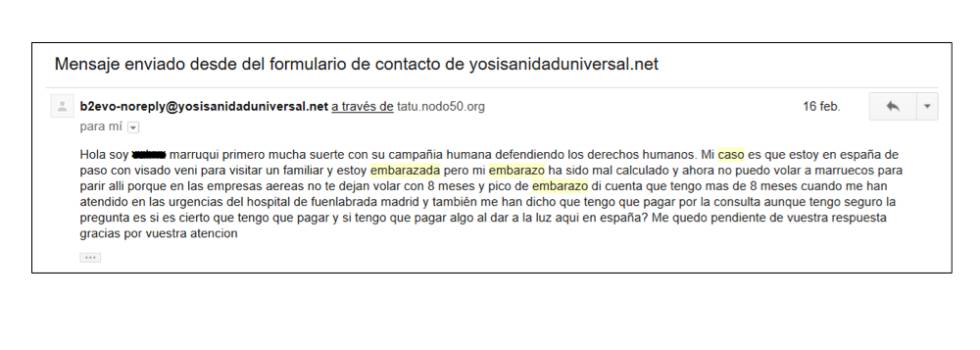 Correo electrónico recibido en el buzón de Yo Sí Sanidad Universal por parte de una mujer marroquí embarazada.