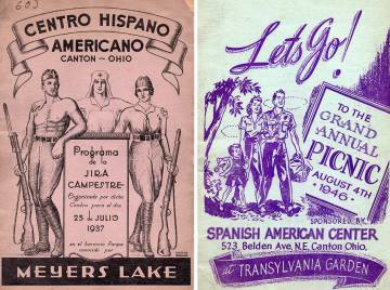 Las portadas de los programas del pícnic anual organizado por el Centro Hispano Americano de Canton (Ohio) de 1937 (arriba) y 1946 (abajo) muestran la americanización de los emigrantes españoles en una década. De la “jira campestre” al “grand annual picnic”; de los milicianos con fusiles a la familia con perro incluido.