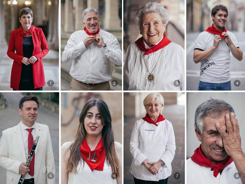 1. Uxue Barkos, presidenta del Gobierno de Navarra. 2. Joseba Asirón, alcalde de Pamplona. 3. Paulina Fernández, propietaria de la churrería Mañueta. 4. Imanol Azcona, presidente de la Federación de Peñas de Pamplona. 5. José Andrés Palacios, presidente de la banda La Pamplonesa. 6. Cristina Seminario, hostelera, bar Anaitasuna. 7. Pilar Idoate, cocinera del restaurante Europa. 8. Miguel Araiz, Rastrojo, pastor y doblador de los encierros, jubilado el año pasado.