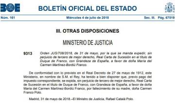 Carmen Martínez-Bordiú ya es duquesa de Franco por obra del BOE