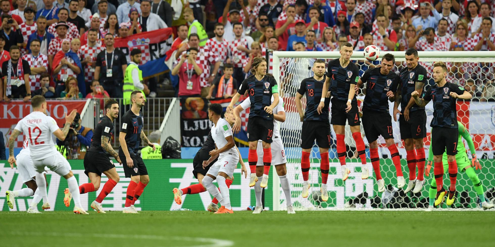 MOSCOW, RUSSIA - JULY 11: Kieran Trippier of England scores his team's first goal during the 2018 FIFA World Cup Russia Semi Final match between England and Croatia at Luzhniki Stadium on July 11, 2018 in Moscow, Russia. (Photo by Matthias HangstGetty Images)