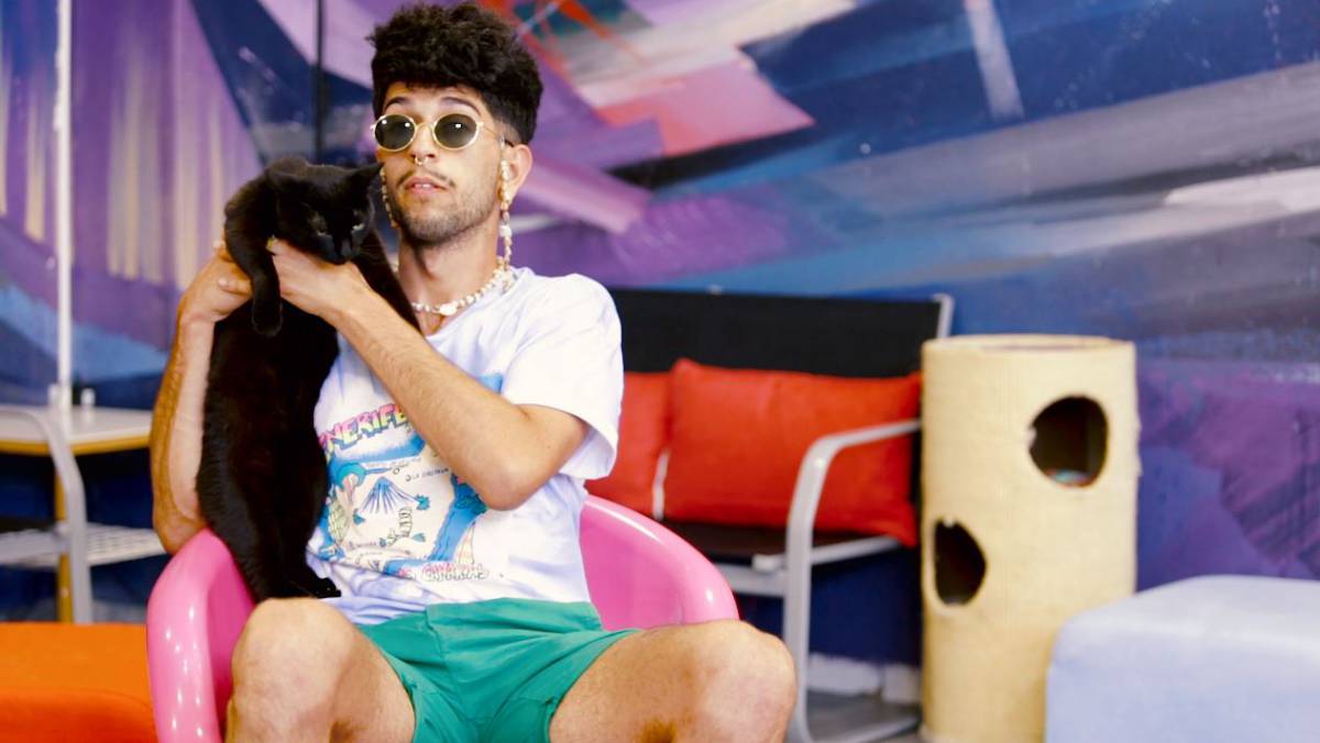 Bejo posa con un felino en La Gatoteca (Madrid).