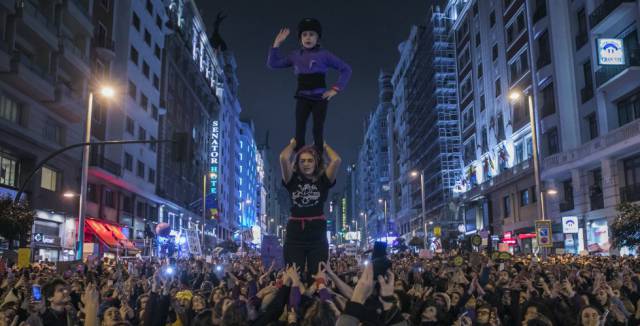 Manifestación del Día de la Mujer en la Gran Vía de Madrid.