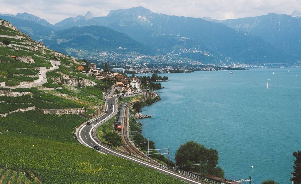 Vistas sobre los viñedos de Lavaux, St.Saphorin, cantón de Vaud.