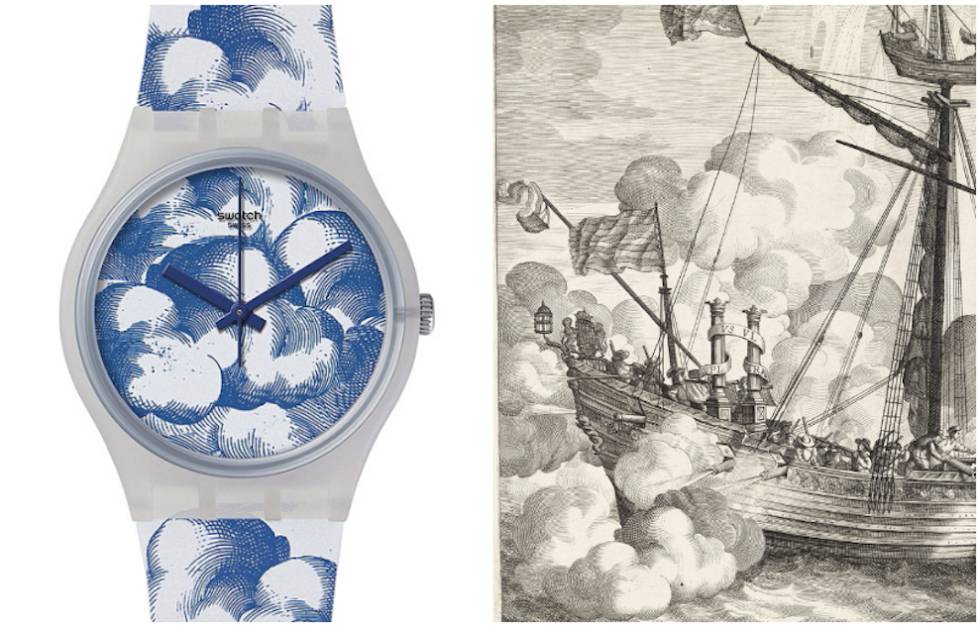 A la izquierda, el reloj de la colección Swatch x Rijksmuseum inspirado en el grabado de Jacob Neefs ‘Espectáculo con barco, fuegos artificiales y las columnas de Hércules’ (a la derecha).