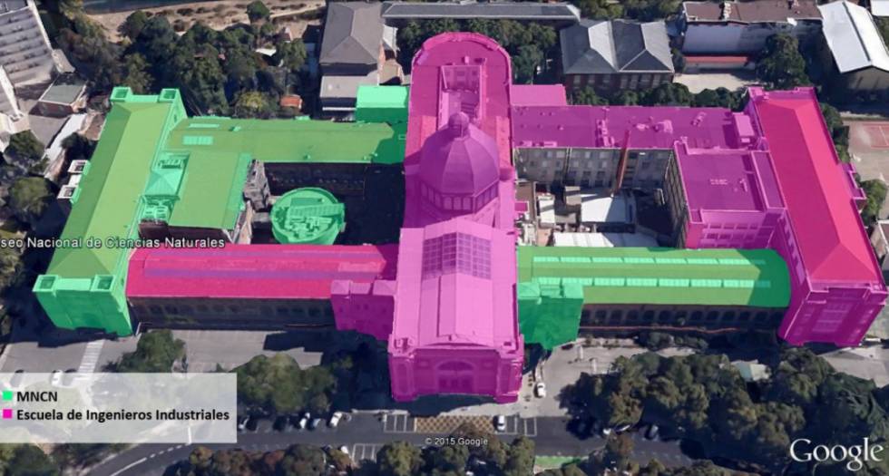 Zonas del museo (verde) y de la Escuela de Ingenieros (fucsia) en el Palacio de las Artes y la Industria de Madrid.