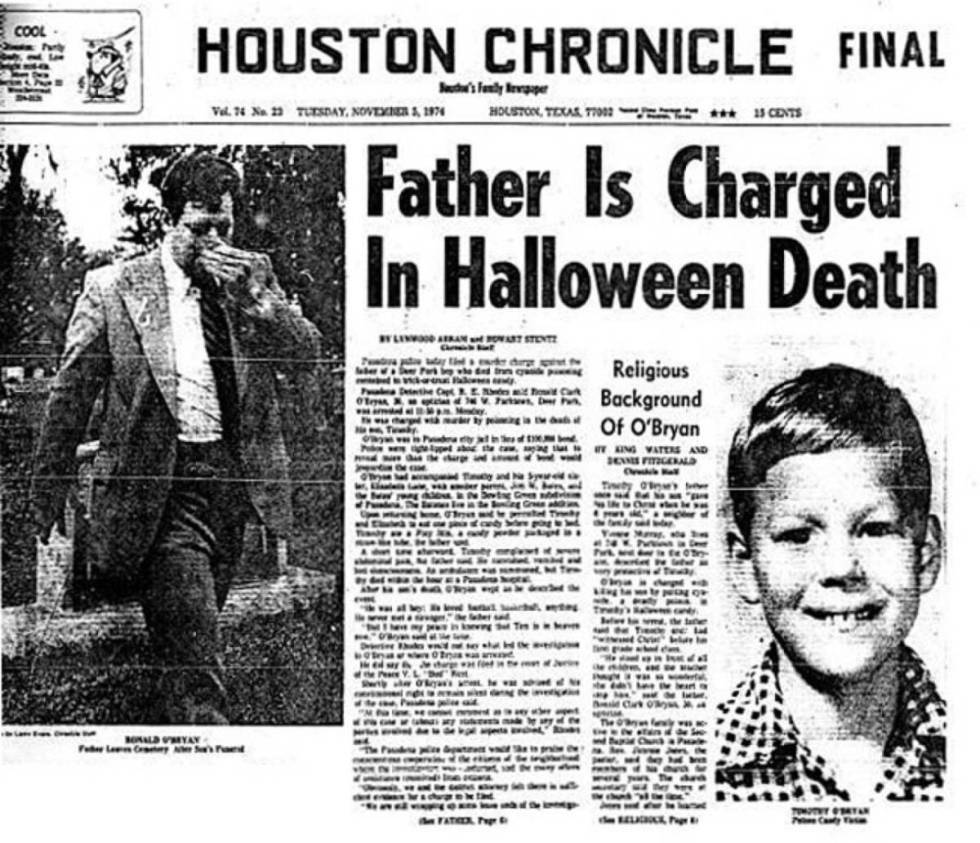 Recorte de periódico donde trata la historia de Timothy O’Brian, un niño de ochos años envenenado por su padre.