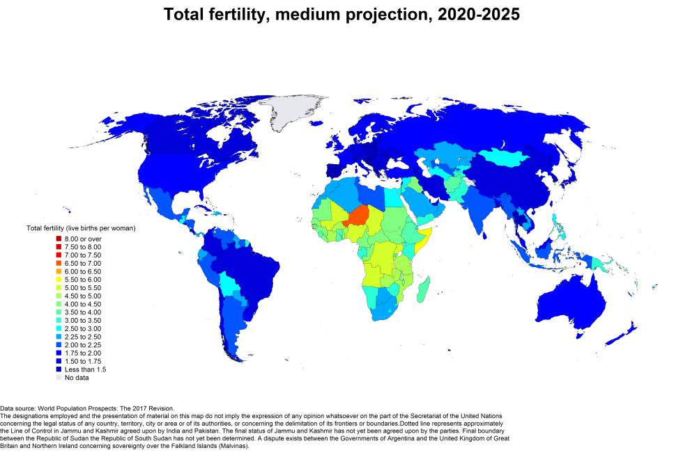 Tasas de fertilidad por países, proyección de 2020-2025