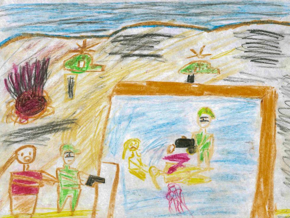 Dibujo de un niño anónimo residente en un campo de desplazados internos en territorio sirio, en 2016