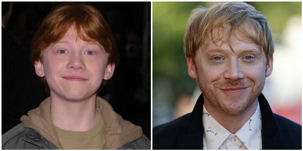 Rupert Grint, la tercera pata del trío protagonista en una imagen de las primeras entregas de la saga y en la actualidad.