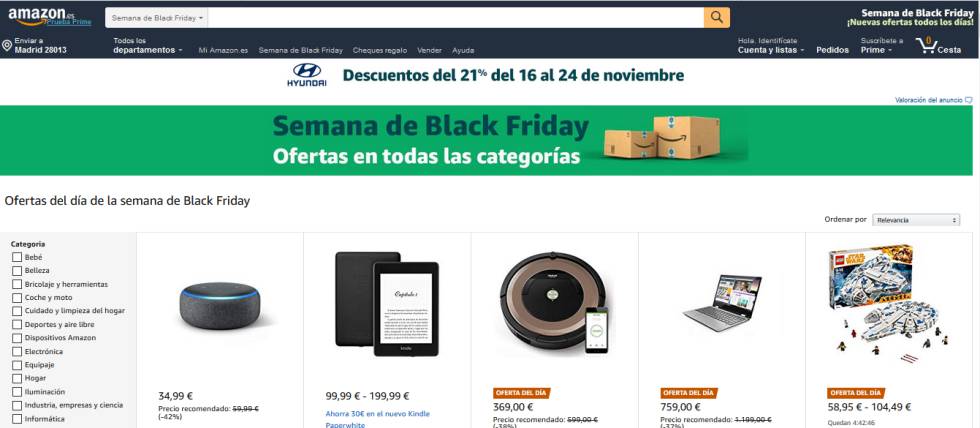 Página en Amazon España con ofertas de la campaña de la Semana del 'Black Friday'.