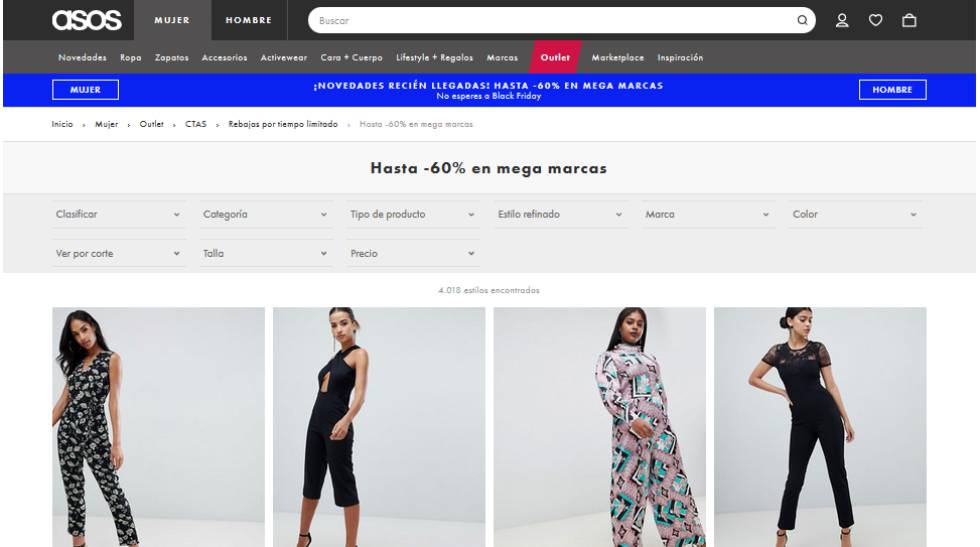 Página de Asos con las ofertas previas al viernes negro en el 'outlet' de ropa para mujer.