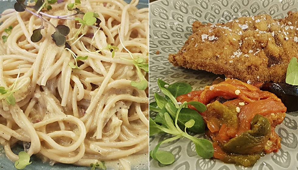 Espagueti en salsa carbonara y milanesa.