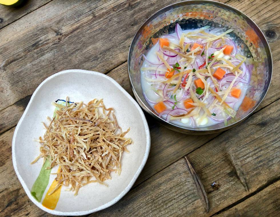 CEVICHE DE PEZ SAN PEDRO, LECHE DE TIGRE, CHINGUIRITO (PESCADO DESHIDRATADO DEL NORTE DE PERÚ), CAMOTE EN ALMÍBAR DE NARANJA Y MAÍZ CHULPI TOSTADO (CANCHA) CAPEL