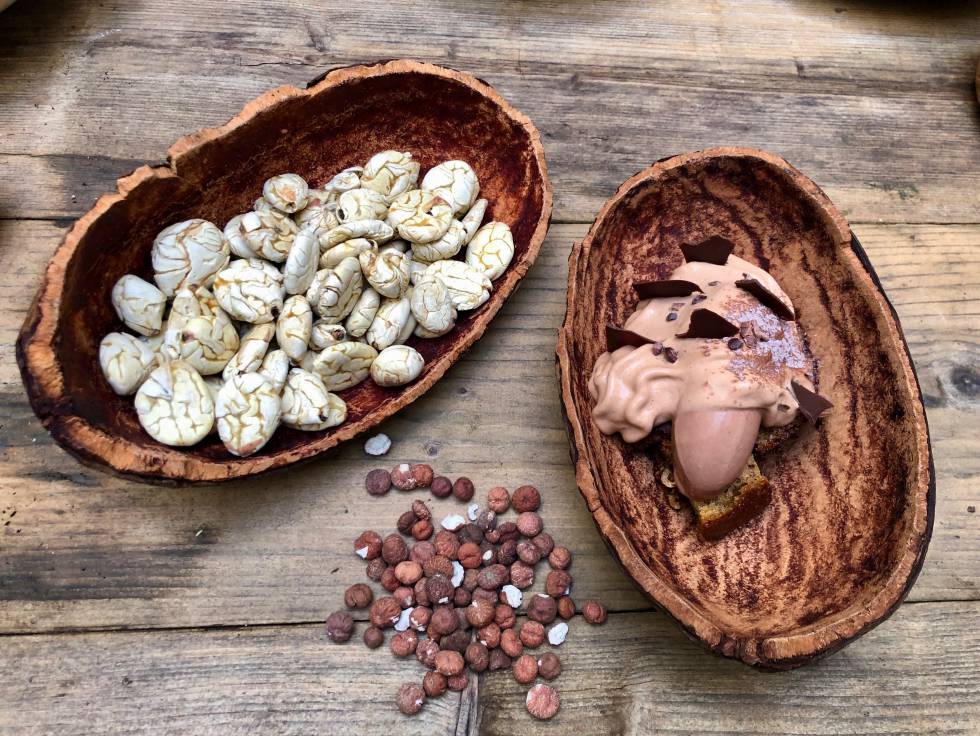 ESPUMA DE CACAO Y CANELA, BIZCOCHO DE AVELLANA, PLÁTANO ASADO CON SOJA, SHICA-SHICA GARRAPIÑADA, MACAMBO TOSTADO, HELADO DE CHOCOLATE AL 85% Y SAL DE PILLUANA CAPEL