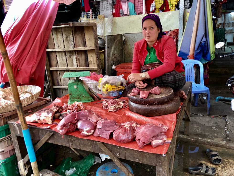VENDEDORA DE CARNE SENTADA EN EL MOSTRADOR CAPEL