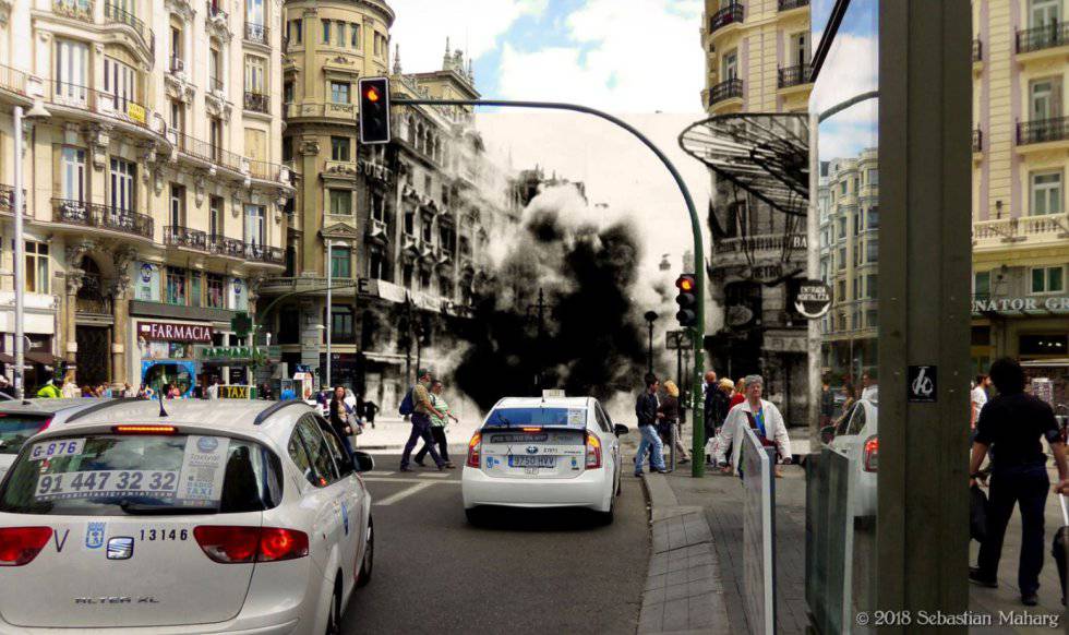 Fitting Civil War photos into images of modern-day Madrid
