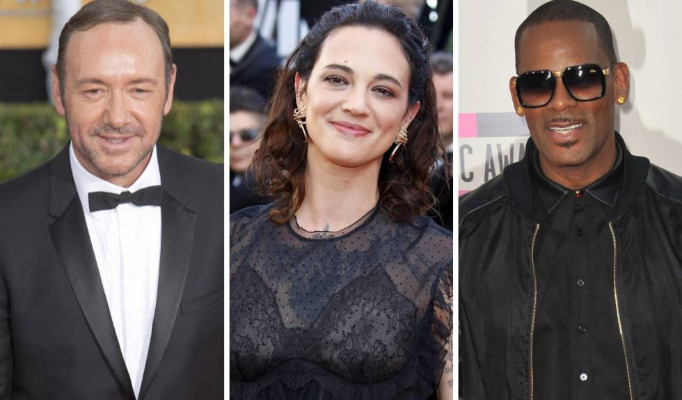 De izquierda a derecha: Kevin Spacey, Asia Argento y R. Kelly.