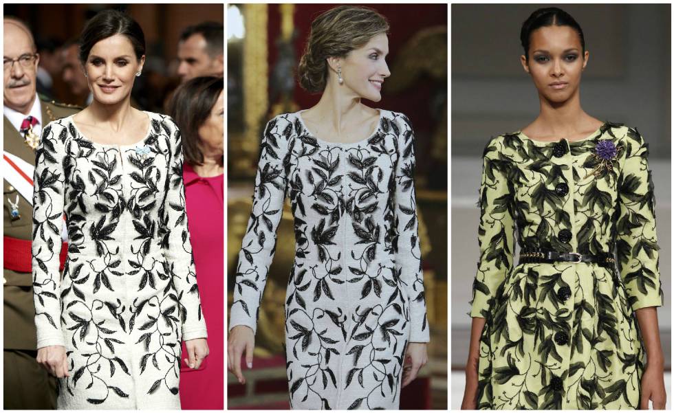 La reina con el mismo vestido de Felipe Varela el pasado 24 de febrero y en ocutbre de 2016 y, a la derecha, una modelo con el traje de Oscar de la Renta.