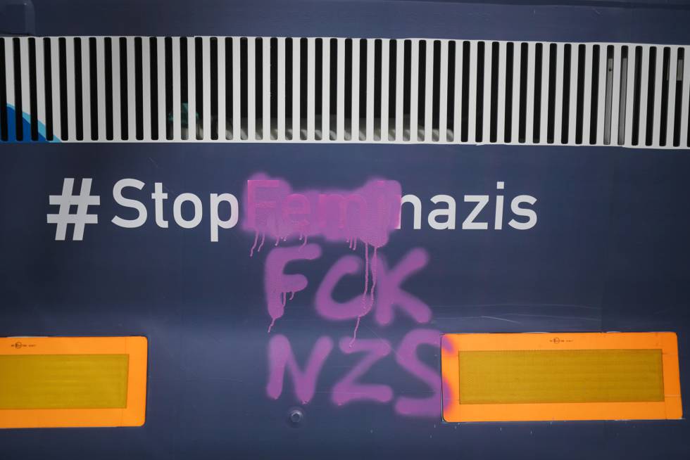 The bus was vandalized by activists in Barcelona.