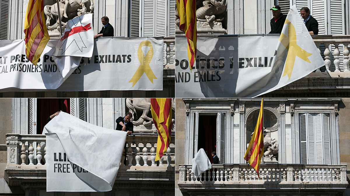 Combo de imágenes que muestran la retirada de la pancarta del balcón de la Generalitat, este viernes.