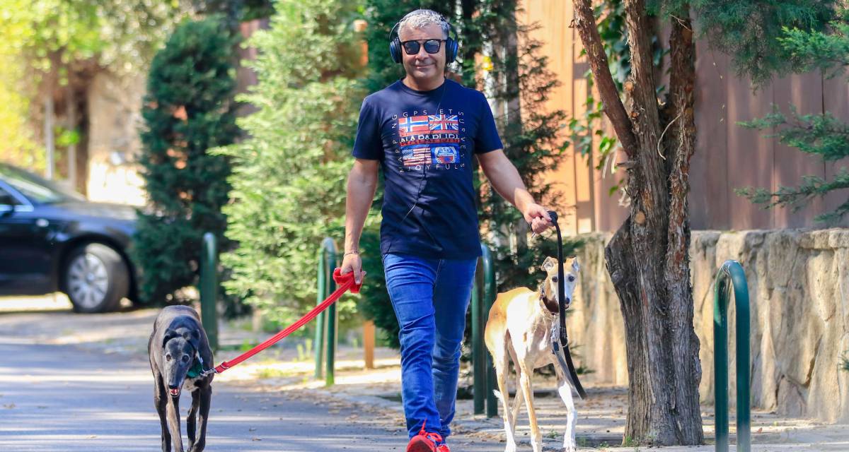 El presentador Jorge Javier Vazquez paseando por Madrid a dos de sus galgos el pasado sábado.